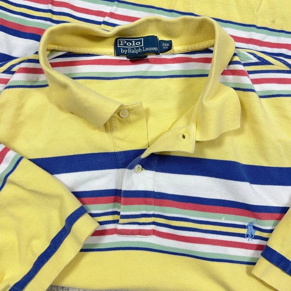 Polo Ralph Lauren Polo Shirt Men 2XB Yellow Blue Striped Mesh Rugby VTG Y2K *